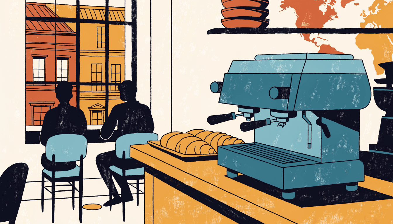 An editorial illustration of a cafe interior with an open bakery counter, a tray of croissants and an espresso machine on a wood counter, a world map motif on the wall and two silhouette customers seated at a window table, warm cream and ochre tones, no text or logos.