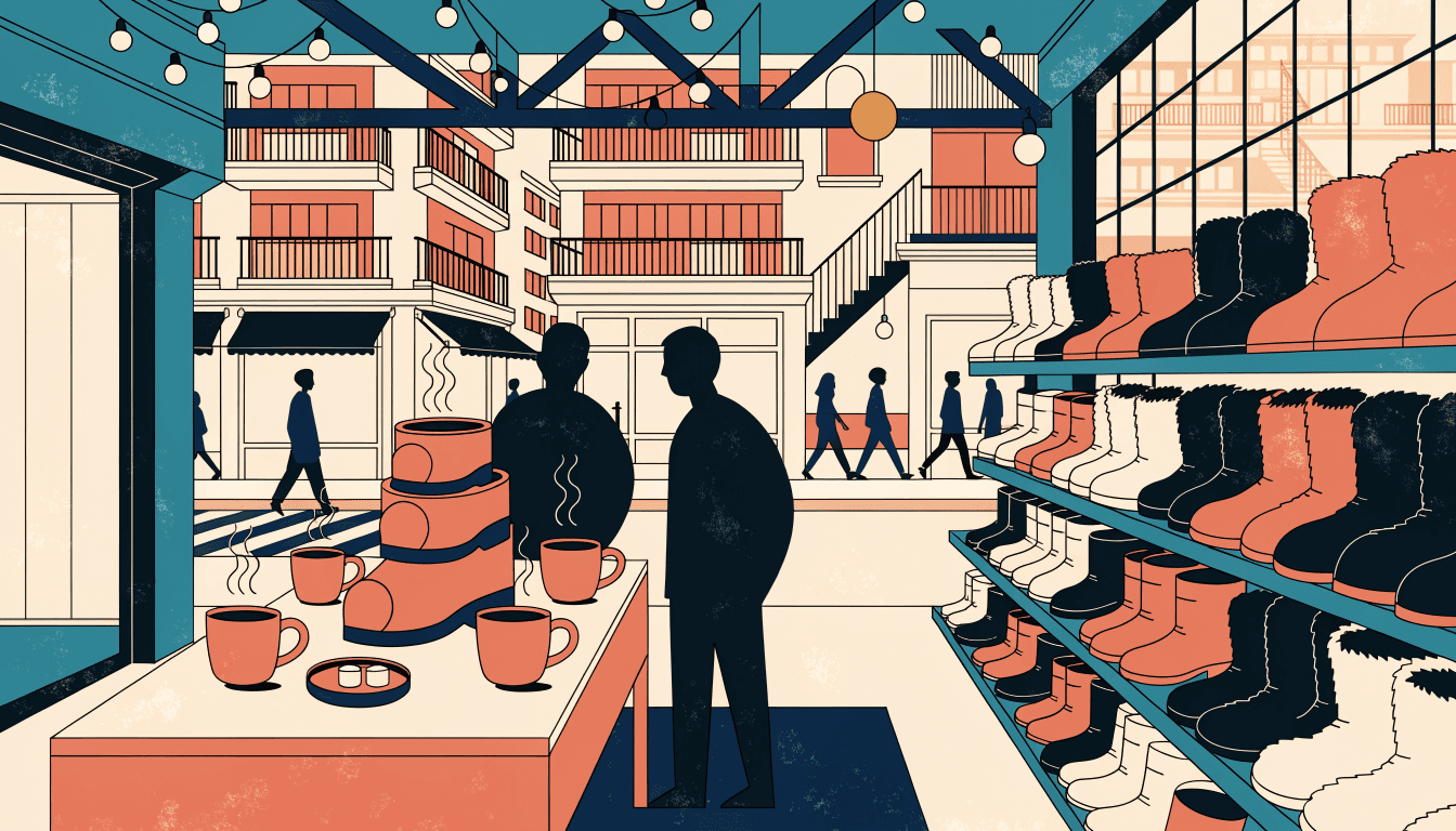 Editorial illustration of a warmly lit Harajuku pop-up space on an early autumn evening, a tiered boot-shaped cake and steaming mugs on a table in the foreground, silhouette figures browsing shelves of sheepskin boots under soft string lights.