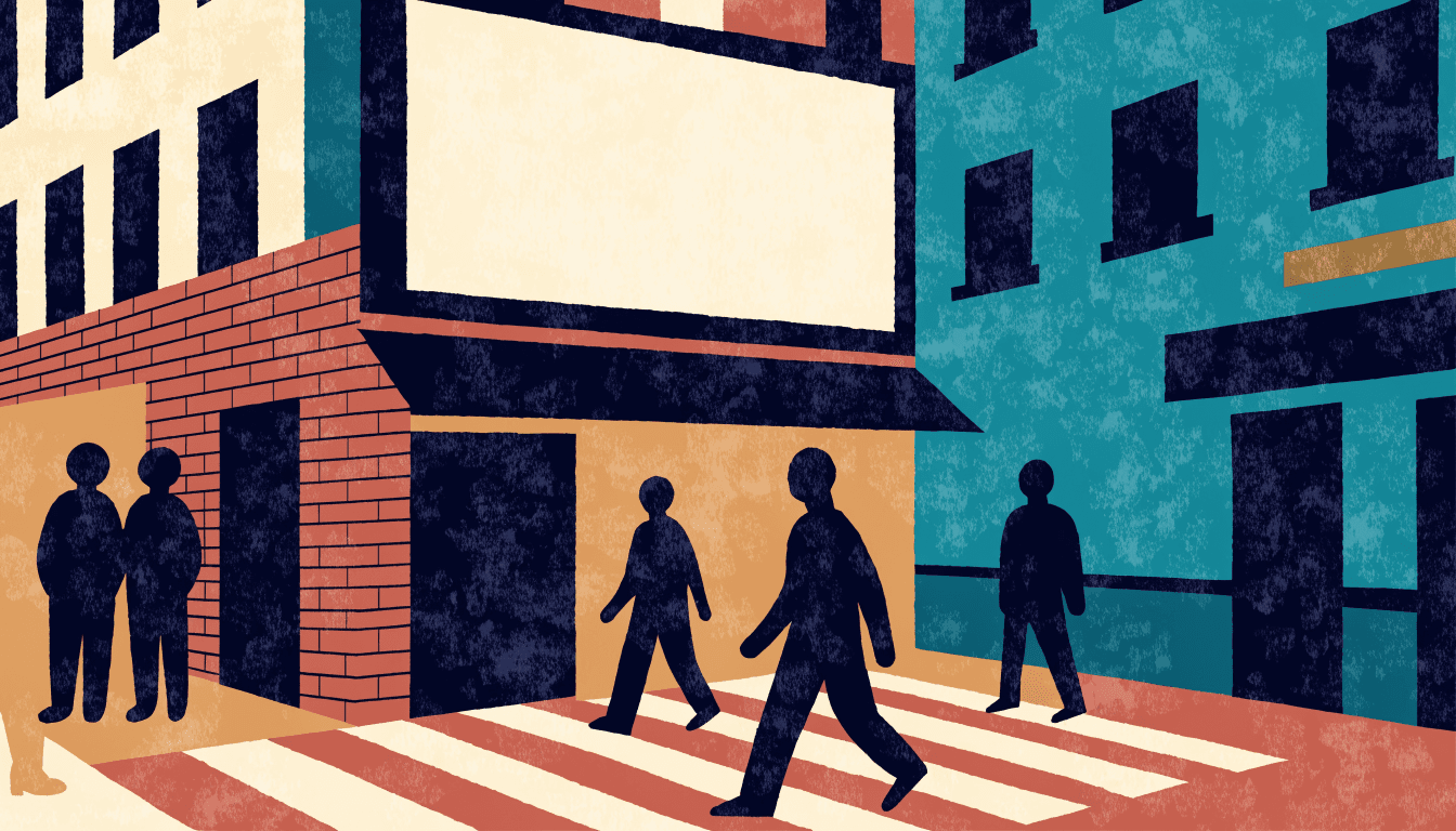 Editorial illustration of a Shibuya street corner at dusk, an oversized outdoor advertising screen glowing above pedestrians, silhouette figures crossing below and a boot shape suggested faintly in warm negative space.