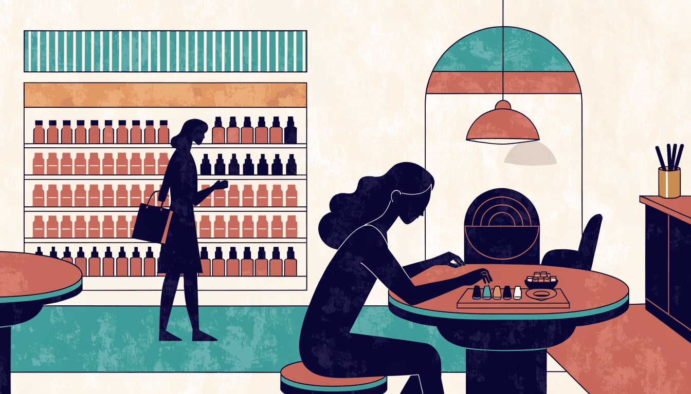 Flat-vector illustration of a department-store beauty floor with round diagnostic counters and trays of nail-polish and fragrance samples under warm pendant lighting, a silhouette customer testing products at a counter and another browsing a haircare shelf in the background.