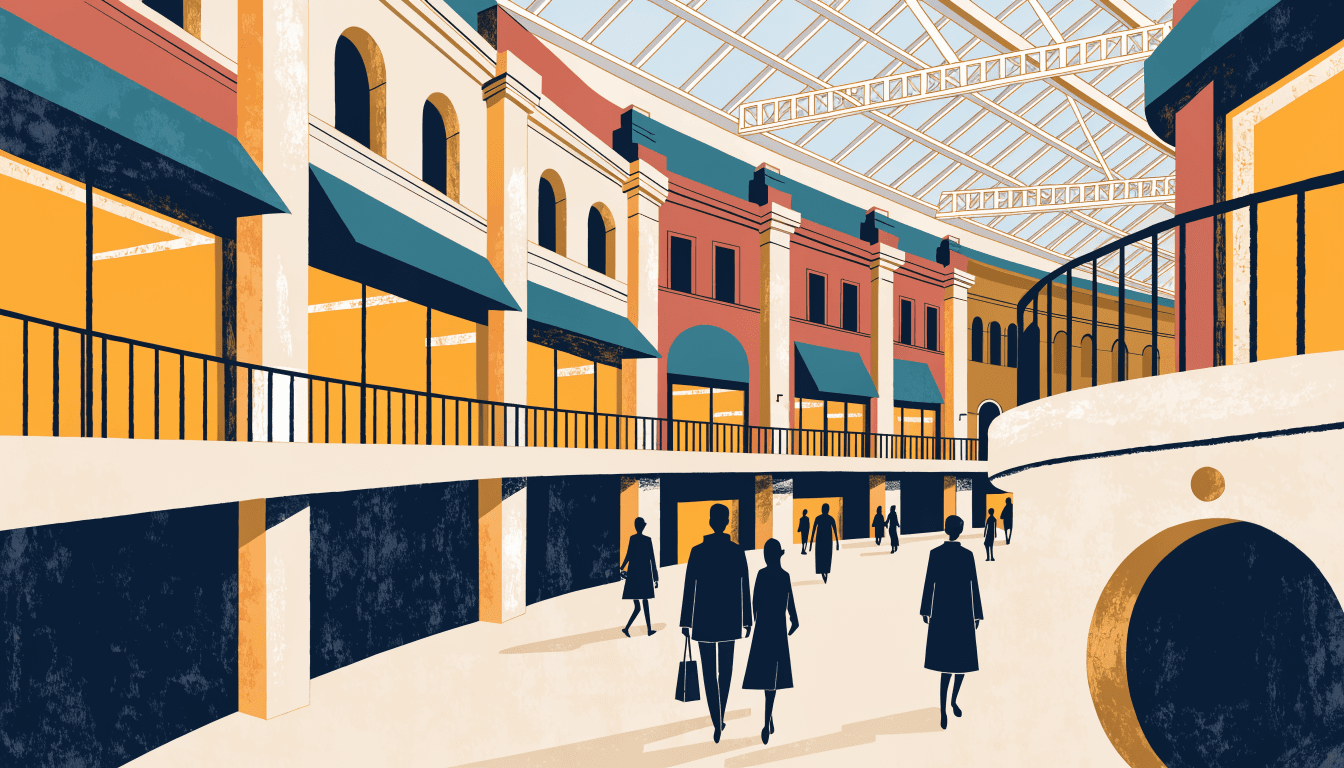 Editorial illustration — A sunlit atrium inside a large European shopping centre, glass roof overhead and storefronts glowing along a curved walkway, evoking a fully-let mall at midday.