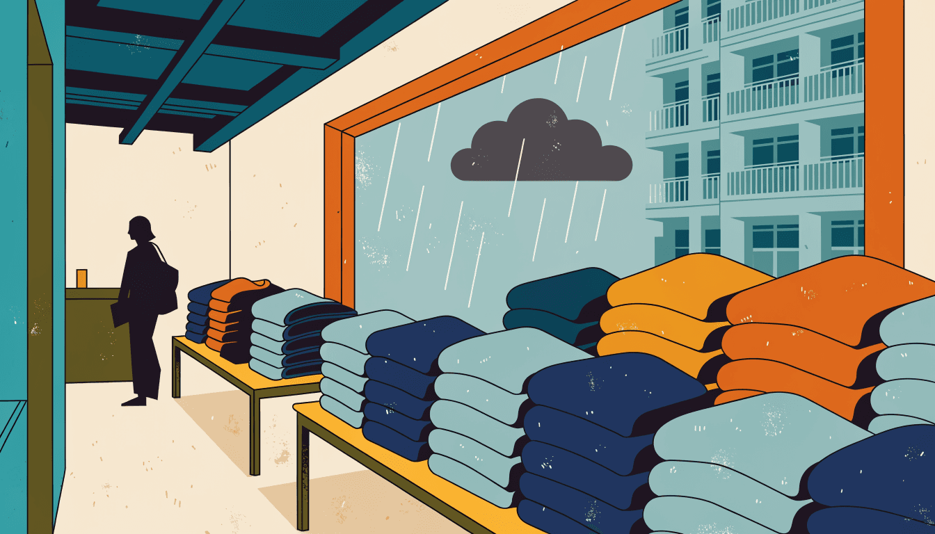 Illustration of a quiet Japanese clothing-store aisle with folded knitwear on low tables, one shopper in silhouette, and late-summer rain on a large window, in a warm editorial style.