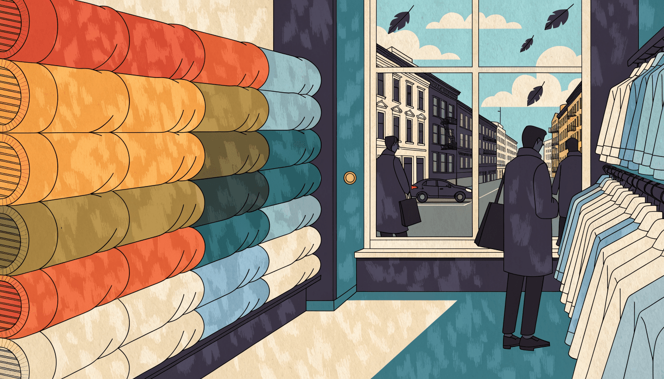 Illustration of an apparel floor on a cool autumn day: stacked knitwear in warm and teal tones beside a window where leaves fall and a shopper in a coat carries a bag.