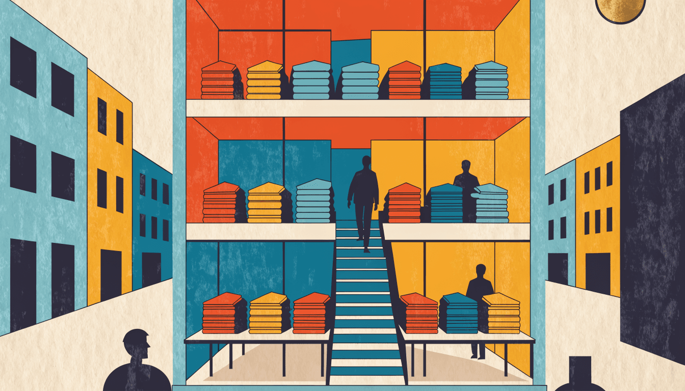 Editorial illustration of the tall interior atrium of a multi-storey clothing flagship store on a wide boulevard, folded garments stacked on long tables across three visible levels linked by an open staircase, a silhouette figure ascending the stairs, the floors receding into soft depth.