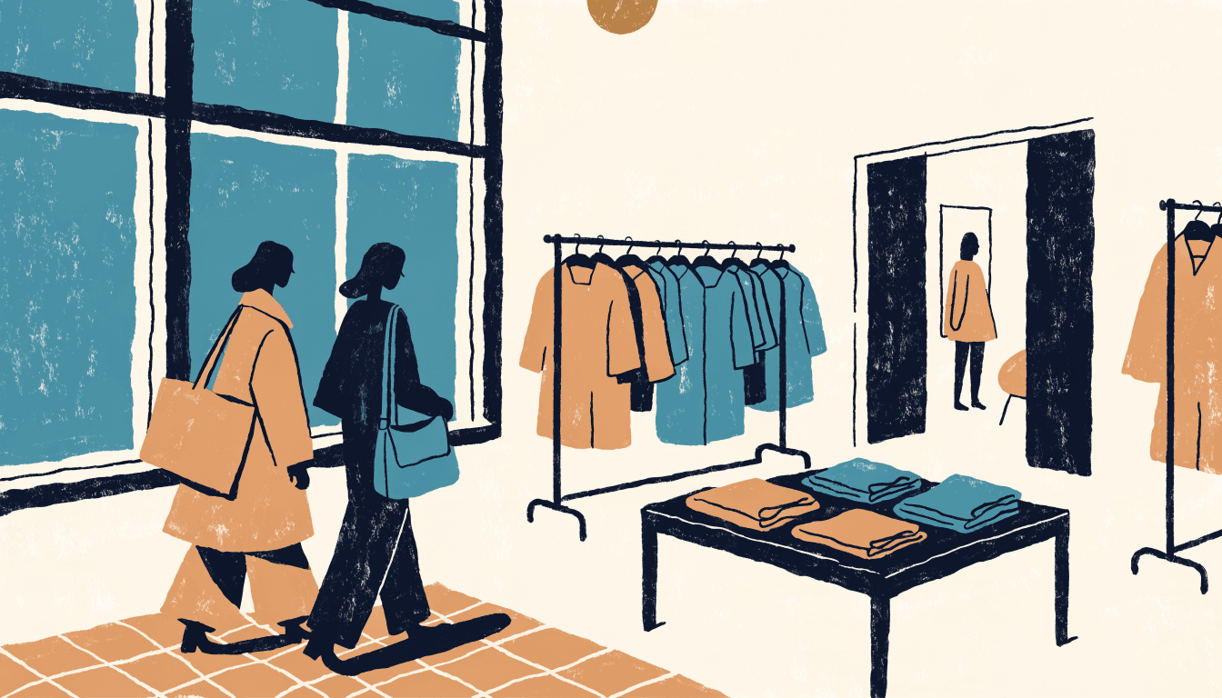 Editorial illustration of shoppers moving through a bright select-shop boutique interior, rendered as simplified silhouettes among clothing rails and a fitting area.