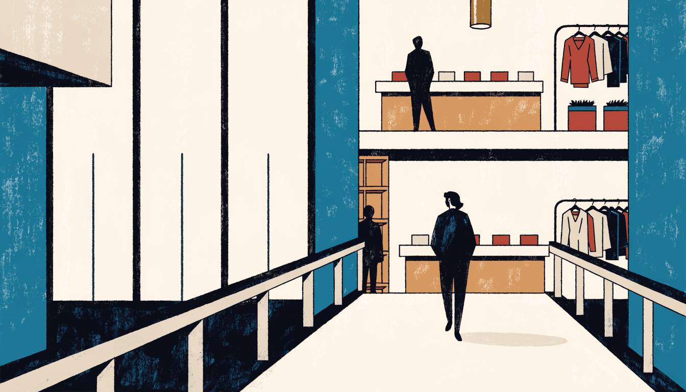 A flat-vector illustration of a two-level fashion boutique interior seen from a shopping-mall walkway, with silhouetted shoppers and clothing racks on each floor.