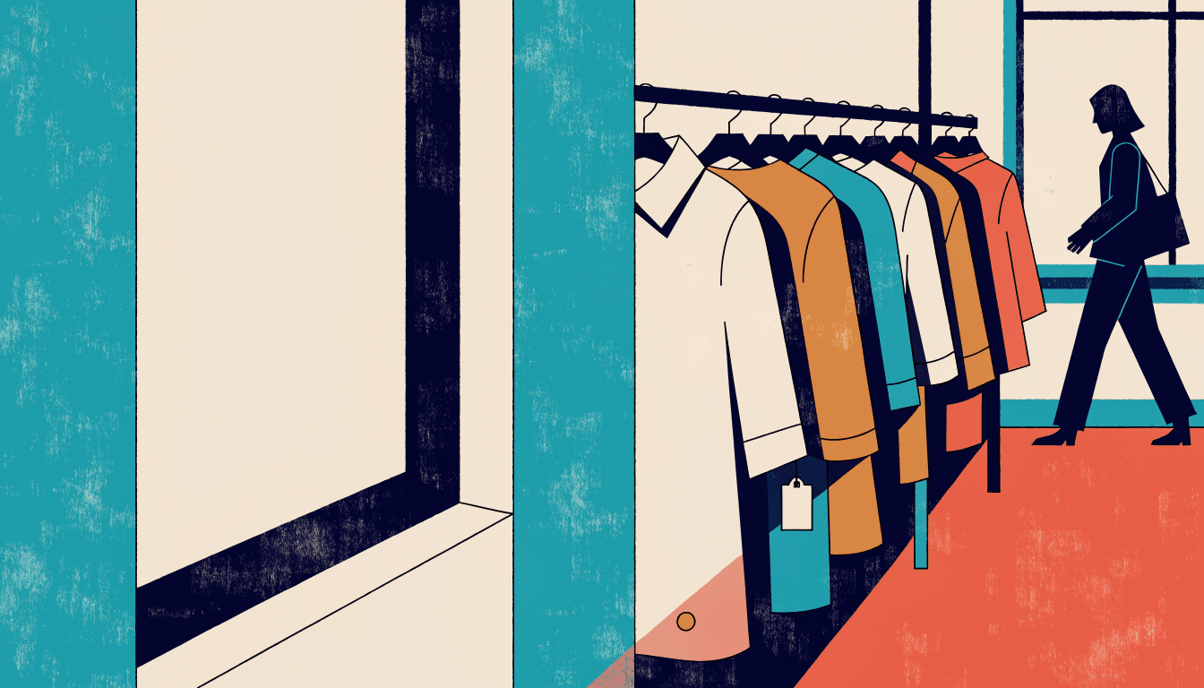 Flat-vector illustration of a minimalist clothing rail in a fashion boutique, autumn-toned garments on hangers with a blank fabric tag, a silhouette shopper walking past in the background.