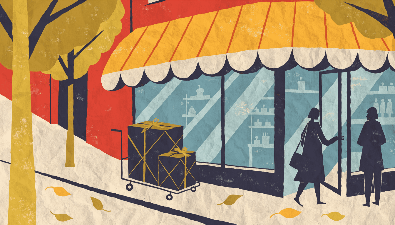 Flat-vector illustration of a small boutique's corner entrance on a quiet tree-lined street, a silhouette figure entering through a wide glass storefront as another browses the window, with autumn leaves drifting past.