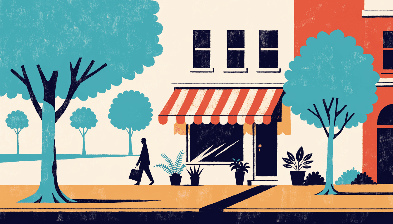 Editorial illustration of a small boutique storefront on a quiet tree-lined residential shopping street, with a striped awning, potted plants and a silhouette figure walking past with a shopping bag.