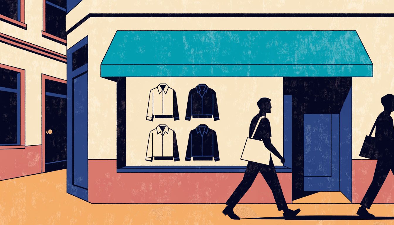 A contemporary apparel boutique storefront with folded shirts and jackets in the window, two silhouette shoppers passing by on a summer street