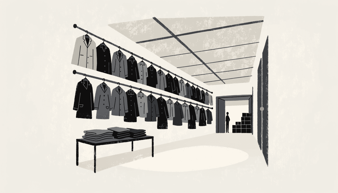 Illustration of a select-shop interior in near-monochrome greys: two long rails hung densely with coats, a folded stack on a low table in the foreground, and a stockroom door standing open at the back of the floor with cartons stacked inside.