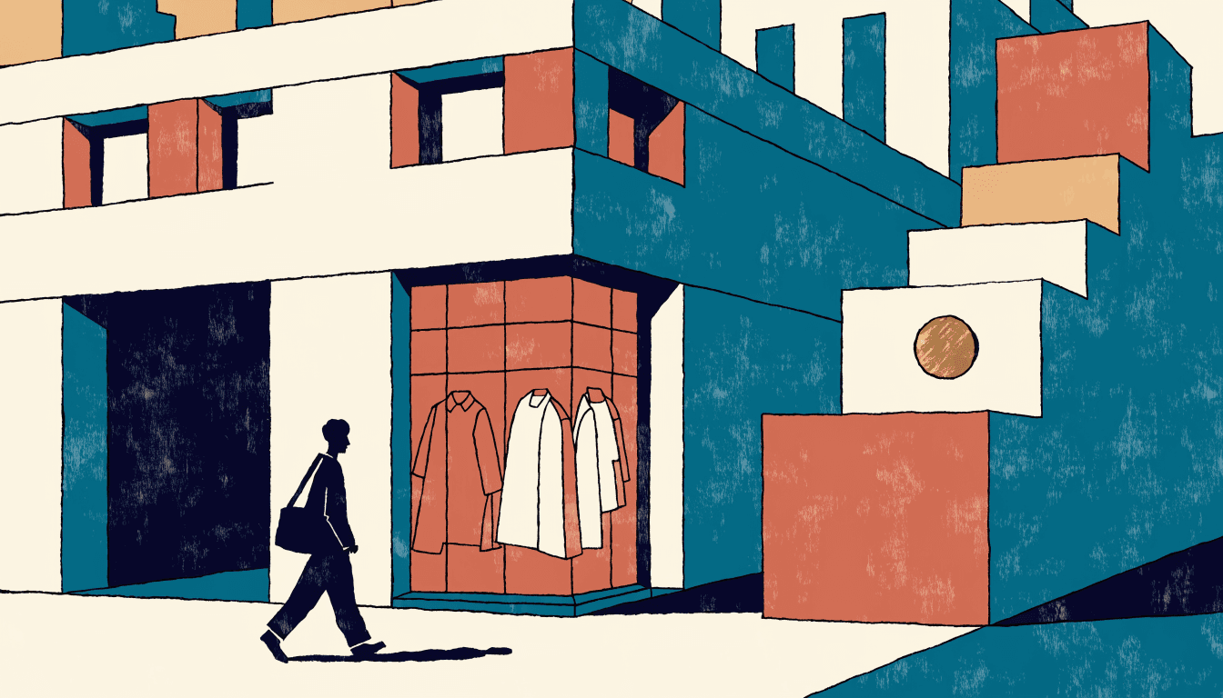 Illustration of a pedestrian passing a geometric fashion-store storefront with garments in the window.