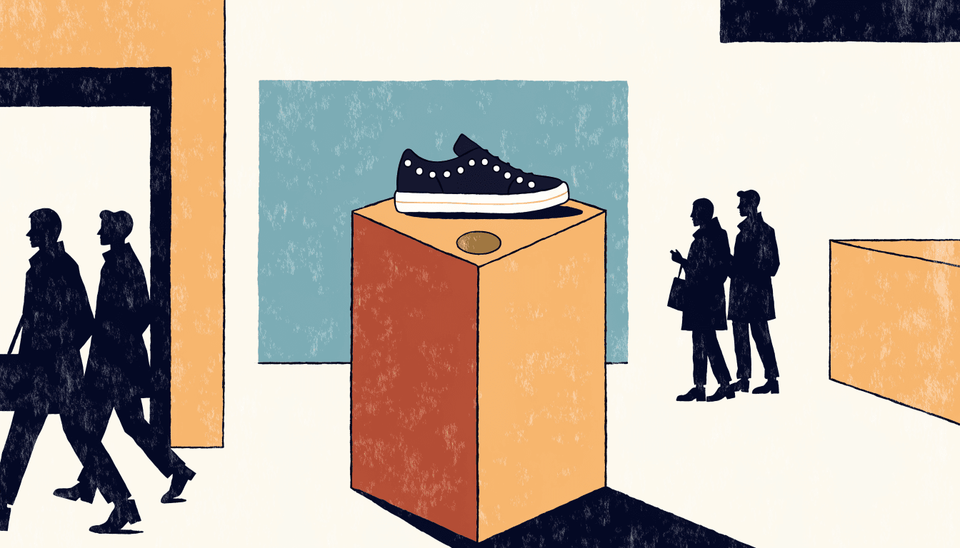 A spotlighted display pedestal in a hushed boutique showing a single studded sneaker, with silhouette shoppers passing by.
