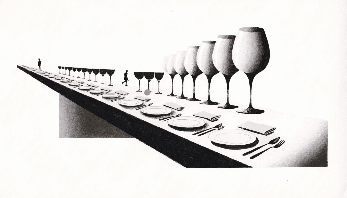 Illustration of an elegant table setting with champagne coupes and a graduated row of wine glasses beside softly lit place settings, warm near-monochrome palette.