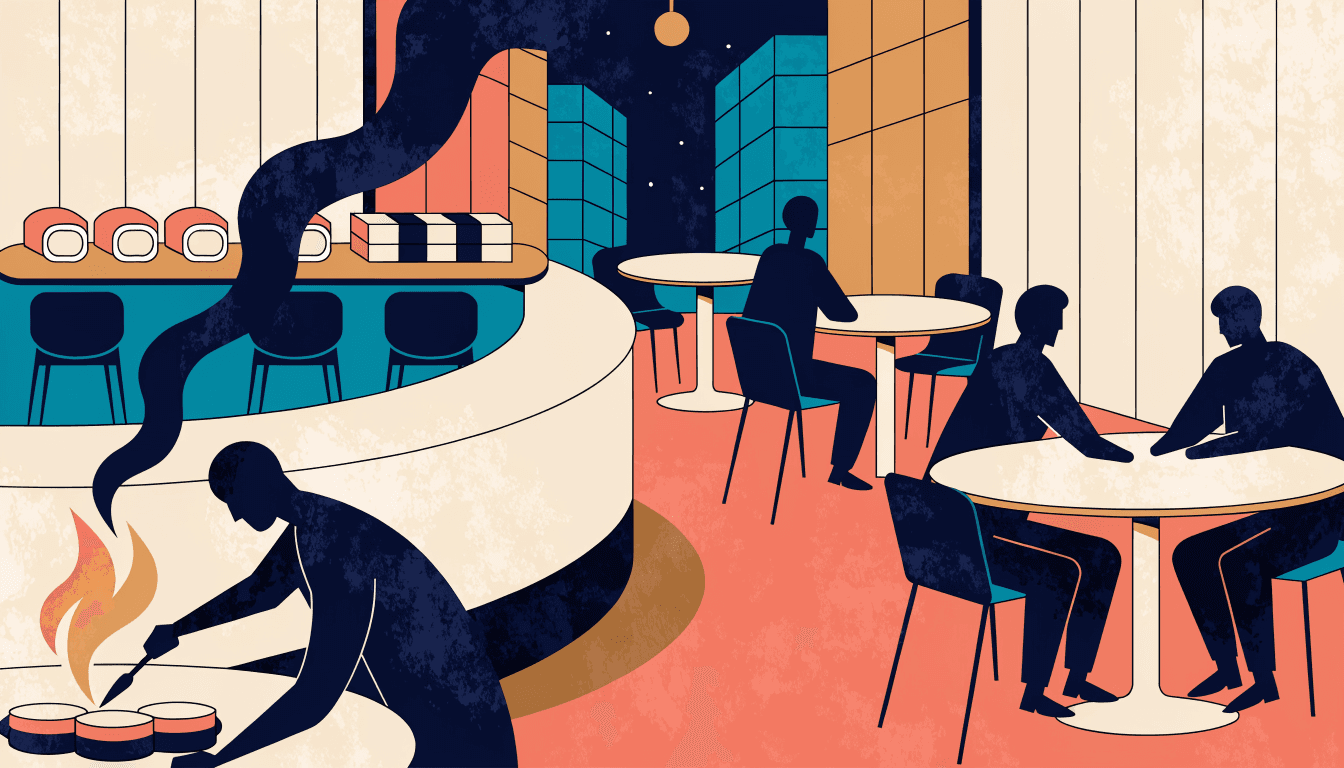Illustration of an elegant steakhouse dining room at night, a chef searing meat tableside with rising flame, a sushi counter nearby and diners seated at round tables.