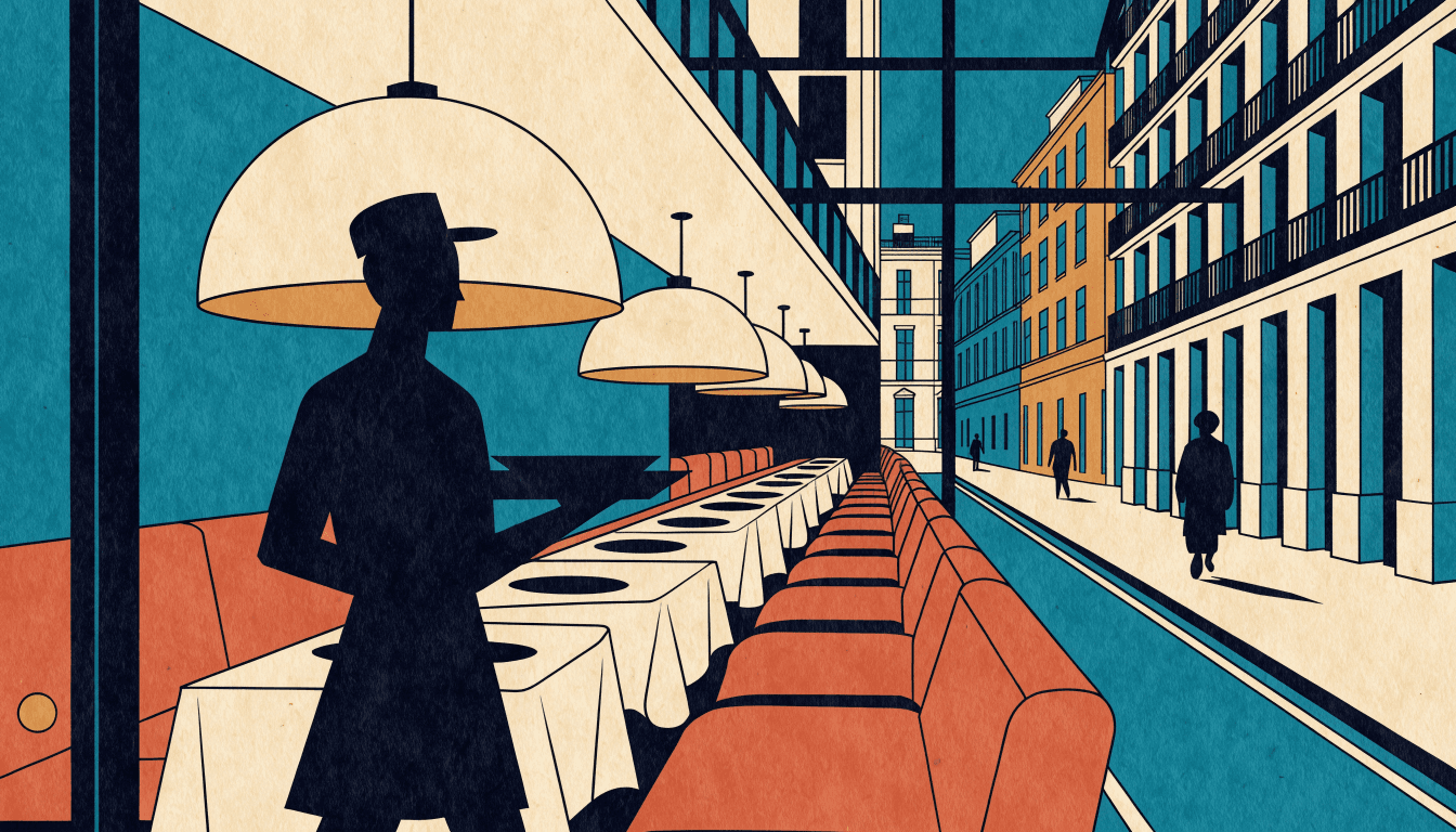 Flat-vector illustration of a steakhouse dining room inside a hotel building, white-clothed tables and leather booths under pendant lighting, a silhouette server carrying a tray past a window overlooking a city street.