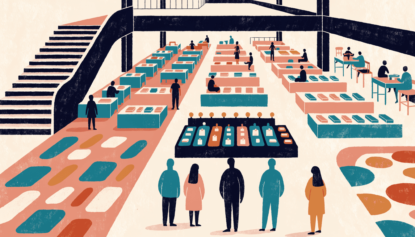 Illustration: a wide upper retail floor arranged into open activity zones rather than product aisles — low display islands, a bank of capsule-toy machines and a soft play area, with silhouetted families lingering between them.