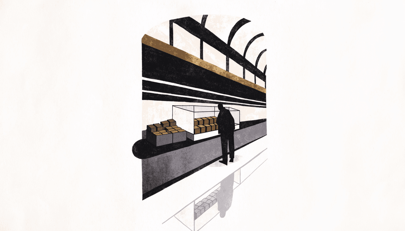A department-store basement food-hall counter with boxed pastries on display, a silhouette customer at the counter, warm interior light