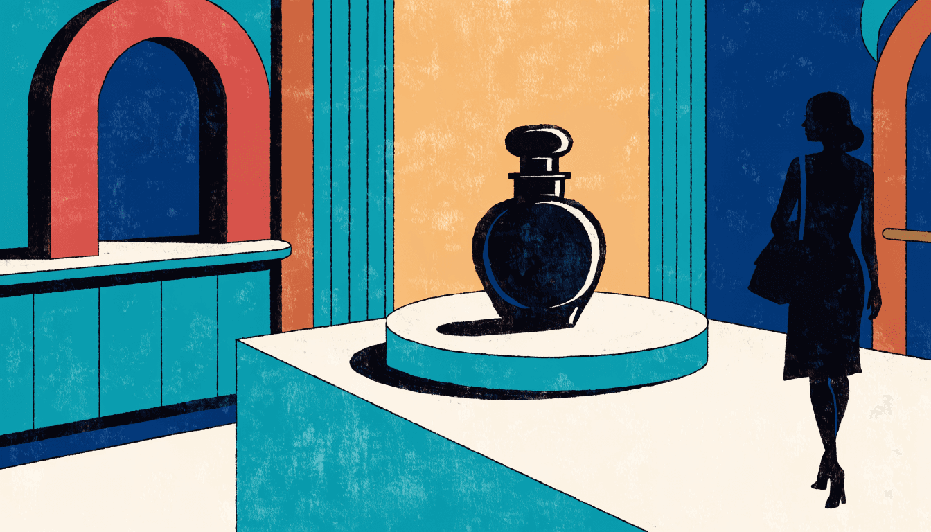 An editorial illustration of a perfume bottle silhouette displayed on a spotlit plinth at a department-store beauty counter, a silhouette shopper approaching, warm cream, teal and terracotta tones, no text or logos.
