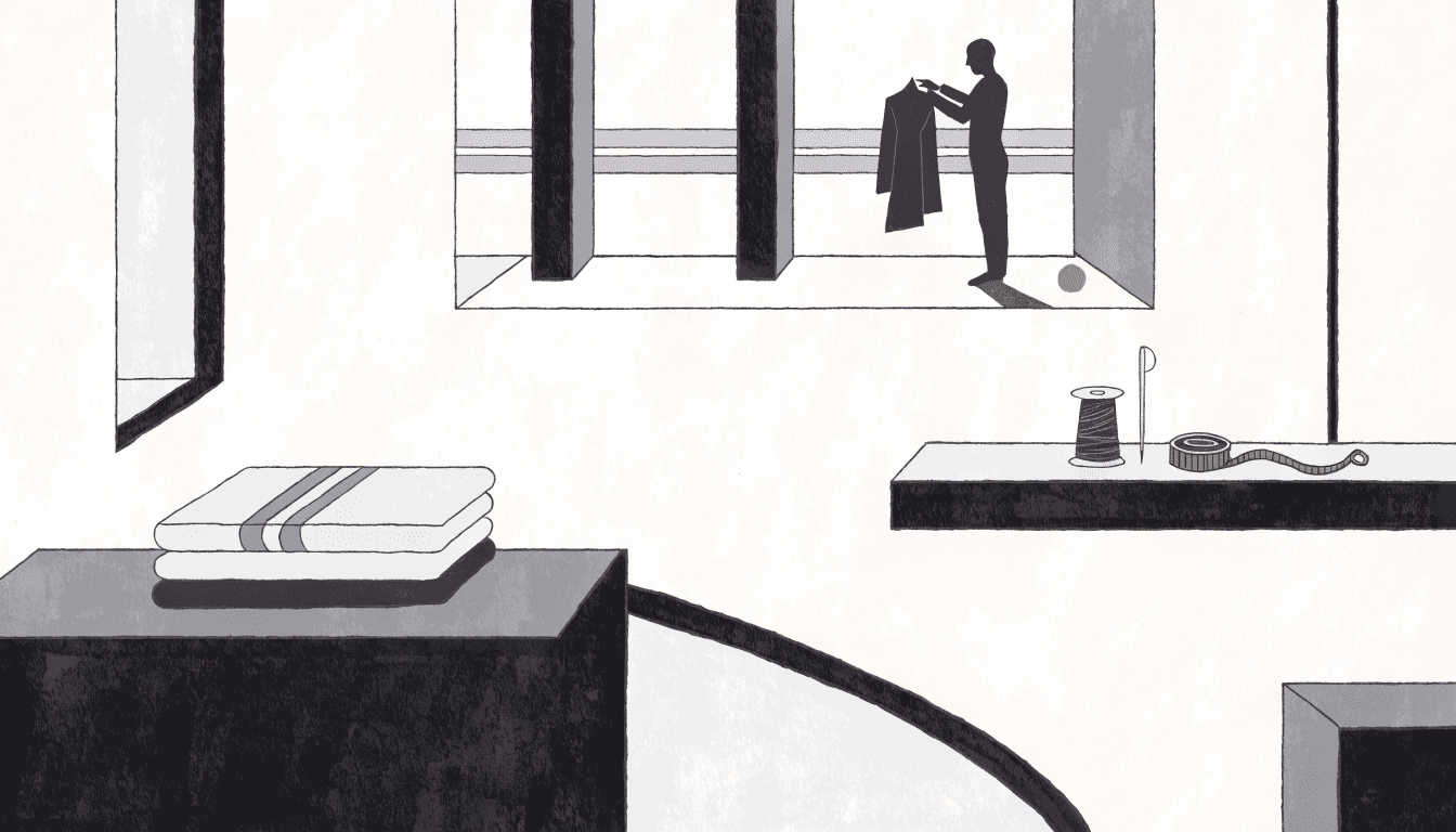 Illustration of a menswear tailoring atelier and boutique interior evoking a directly run luxury store