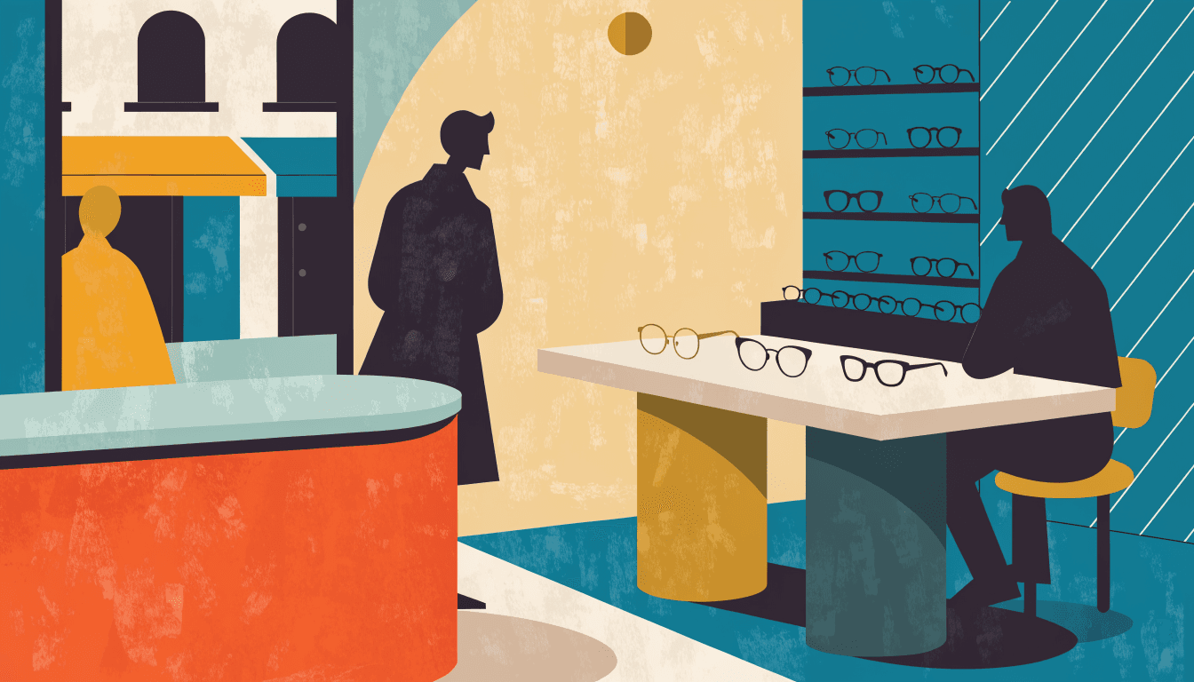 Illustration of an eyewear boutique counter with a beauty-consultation feel, frames displayed on a fitting table.