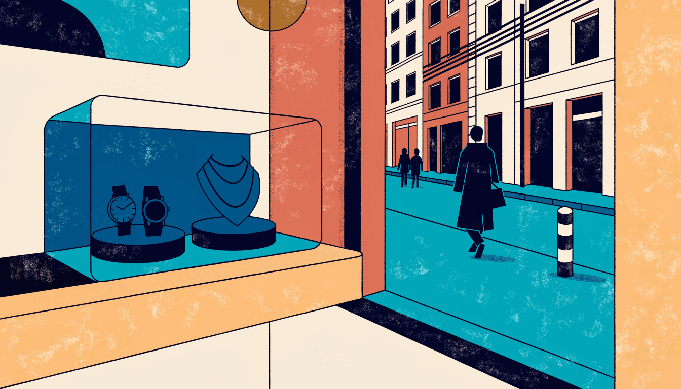 Illustration of a luxury resale boutique interior in Ginza, with cases of watches and jewellery