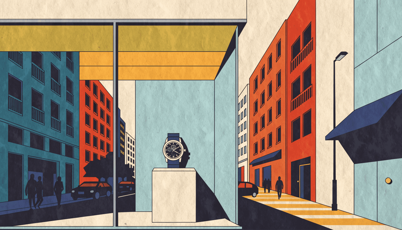 Illustration of a platinum chronograph wristwatch displayed in a Ginza boutique window