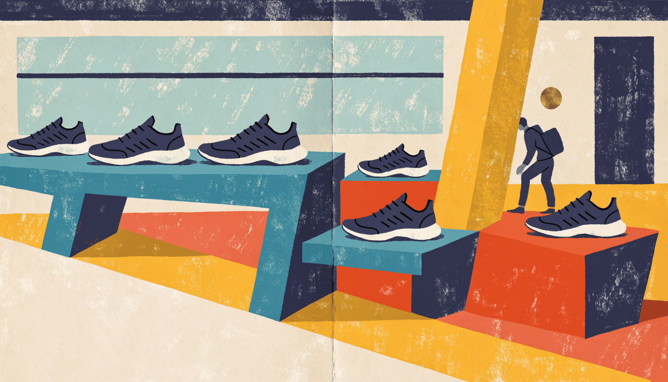 Editorial illustration of a sports-shoe retail floor with running shoes on angled display plinths and a small silhouette figure trying one on, evoking a running and fitness store format.