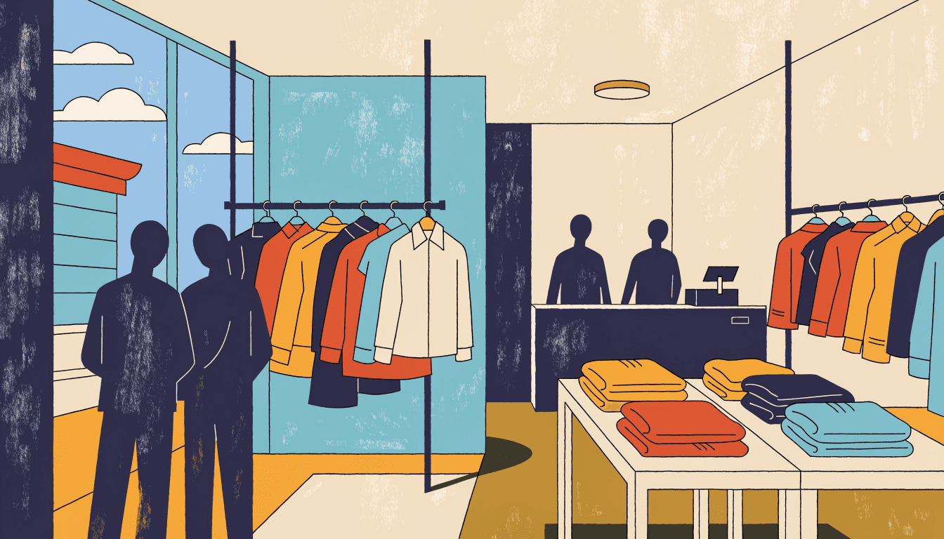 Flat-vector editorial illustration of a bright casual-fashion store in a suburban Japanese shopping mall, with folded knitwear and denim on tables, a till counter and anonymous silhouette shoppers browsing racks from behind.