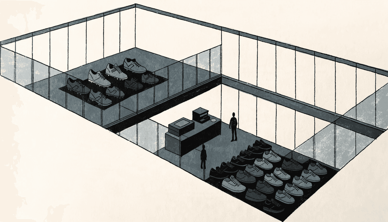 Editorial illustration of a two-floor sportswear store interior, football boots and casual sneakers displayed on opposite walls, a printing counter, one silhouette figure browsing.