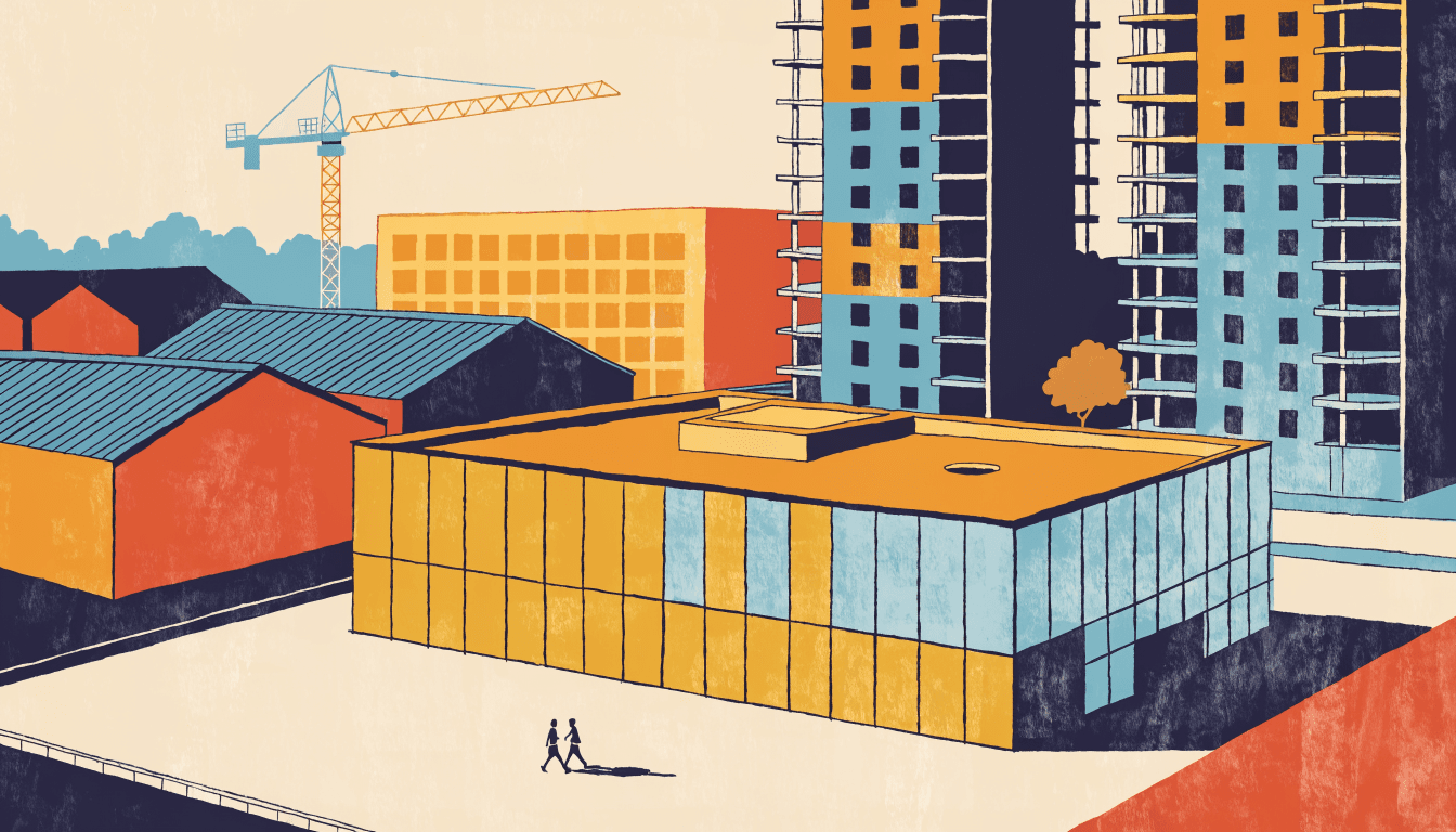 A stylised illustration of a shopping centre rising beside factory sheds and half-built apartment blocks on the edge of a fast-growing industrial town.
