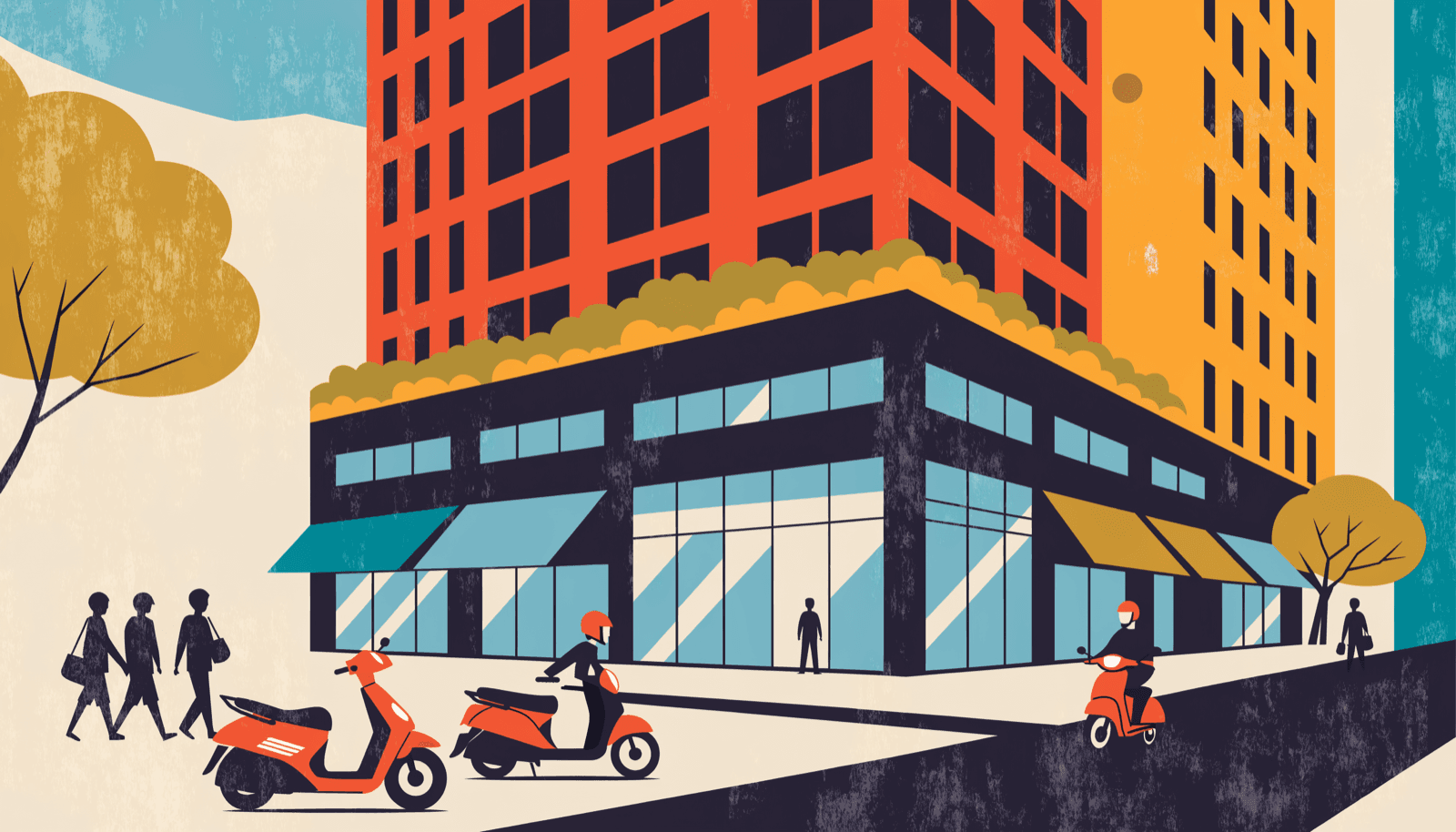 Editorial illustration of a compact multi-storey urban shopping podium at the base of a mixed-use tower in a tropical coastal city, seen along a low diagonal, warm off-white light and a single small brass accent.