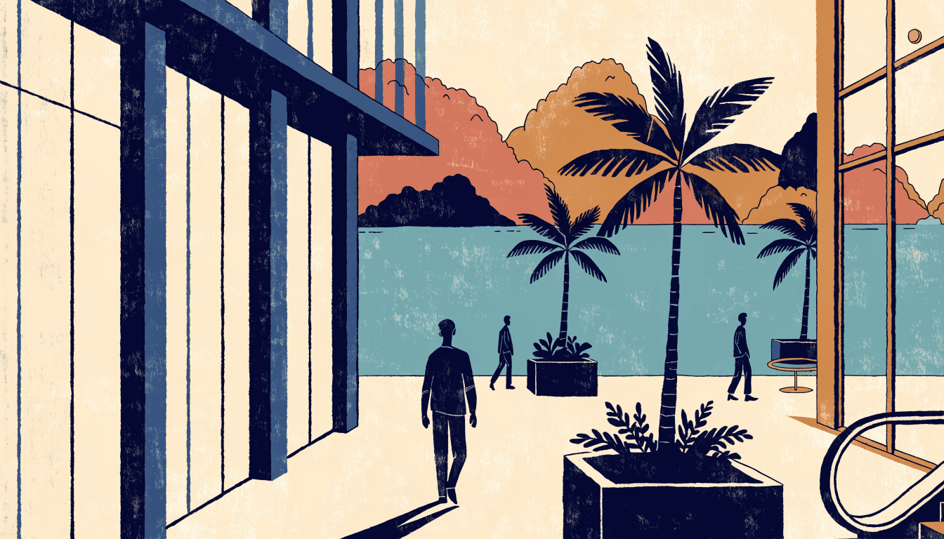 Illustration of a bright modern shopping-mall atrium in a Vietnamese coastal tourist city, with layered limestone-karst hills visible through glass