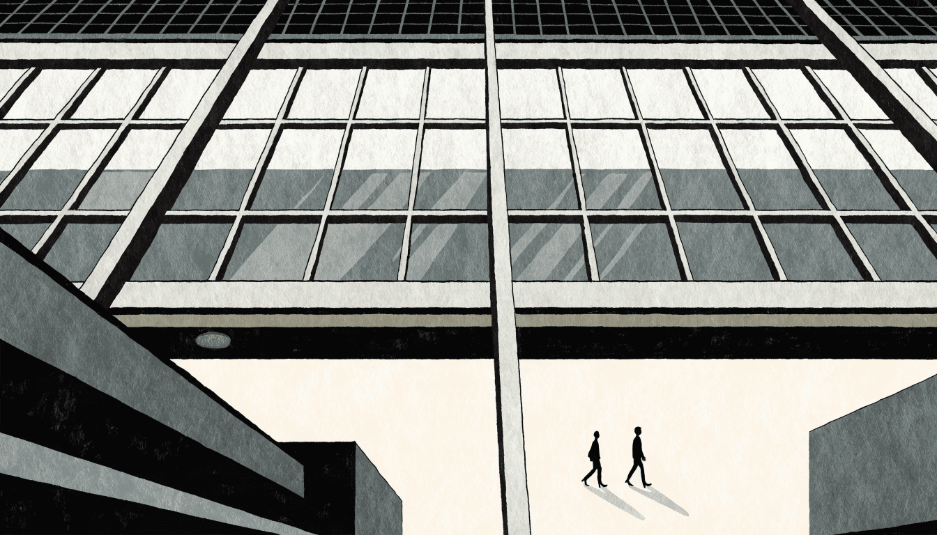 Editorial illustration looking up into a shopping-mall atrium with a glass roof and solar panels
