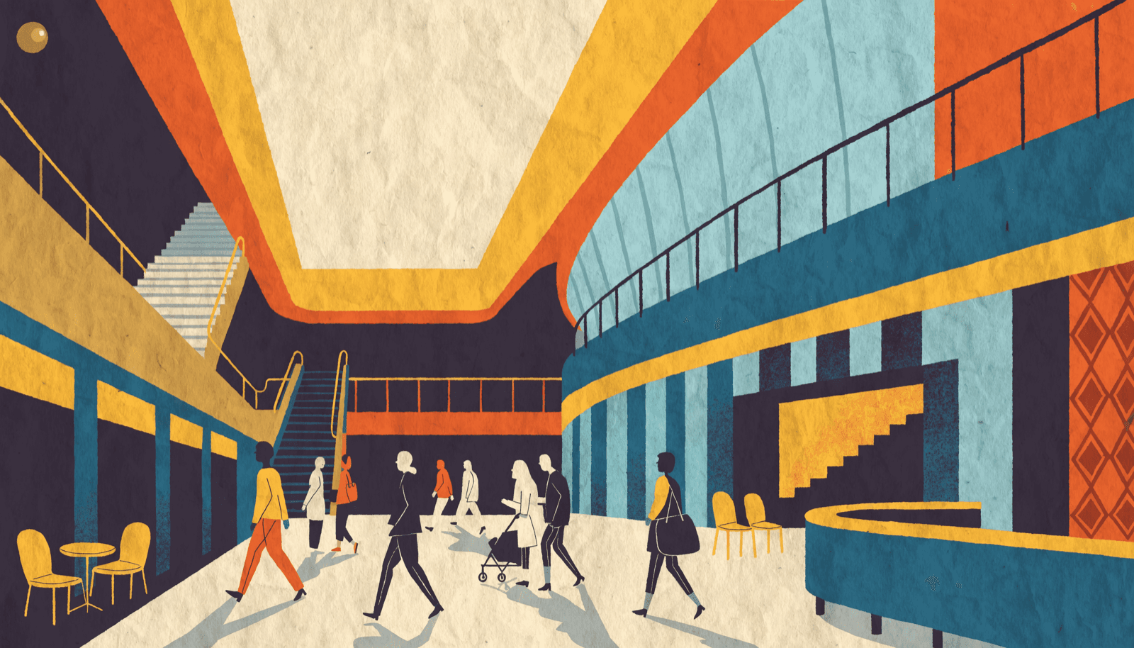 A stylised illustration of a multi-level shopping-mall atrium rising to a glowing top-floor cinema screen.