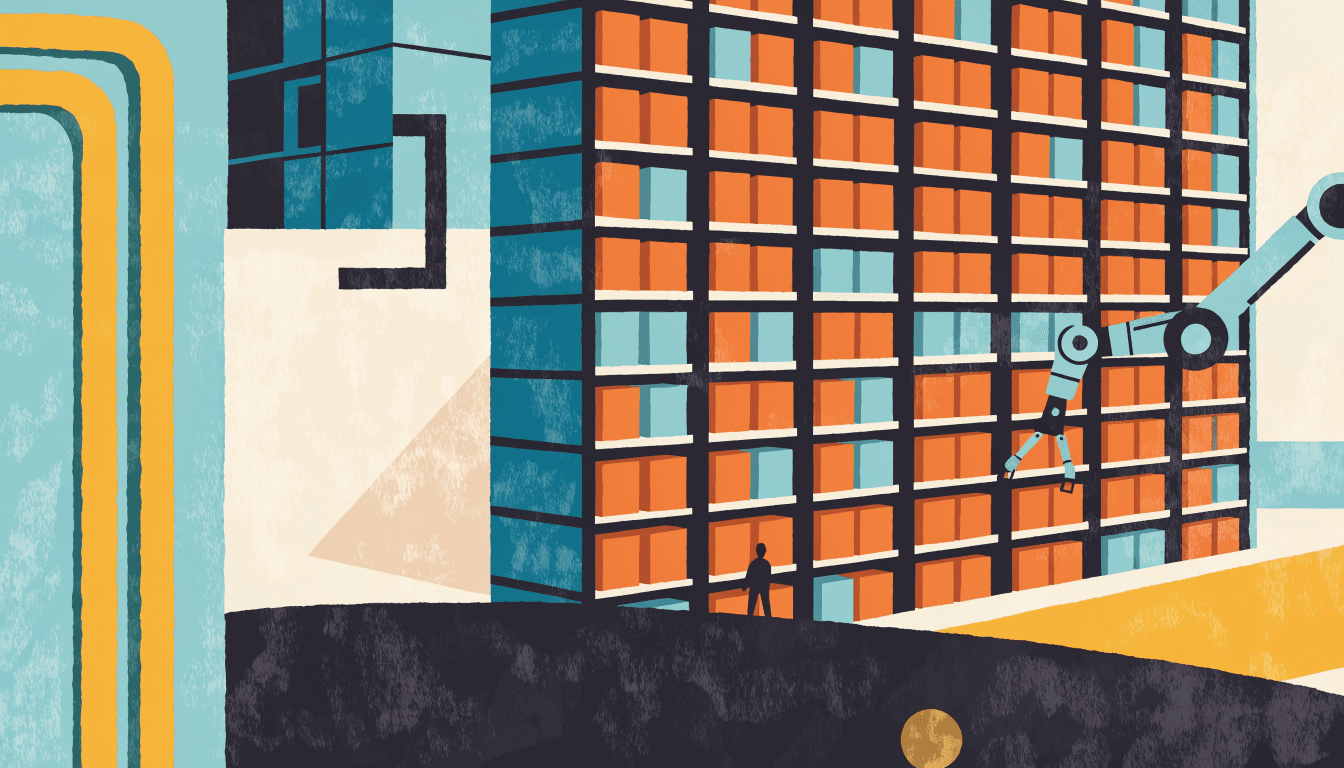 Editorial illustration of a cutaway view inside an automated cold-storage fulfilment centre, with tall grid shelving, a robotic picking arm and a small silhouette figure dwarfed by the machinery.