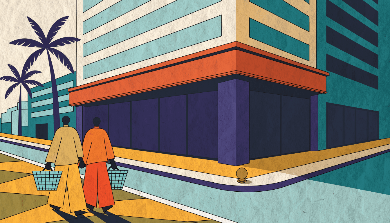 Illustration of a supermarket storefront signage in Yangon with a quiet retail streetscape