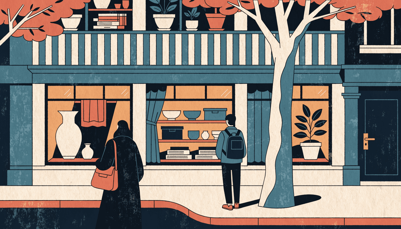 Editorial illustration of a cosy Scandinavian home-goods shopfront on a tree-lined Tokyo street, two silhouette shoppers browsing the window displays.