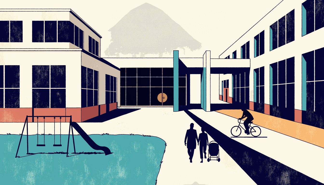 Flat-vector illustration of a low-rise neighbourhood shopping centre at midday, two buildings around an open plaza with a grass play area, a silhouette family and a cyclist crossing.