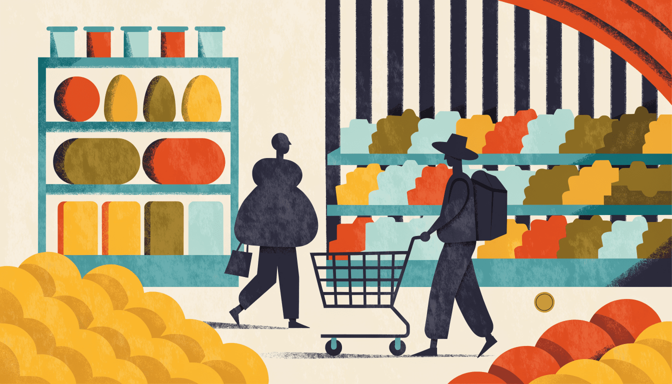 Editorial illustration of a bright supermarket aisle with stacked fresh produce and overhead signage shapes, silhouetted shoppers pushing a cart past the fruit display.