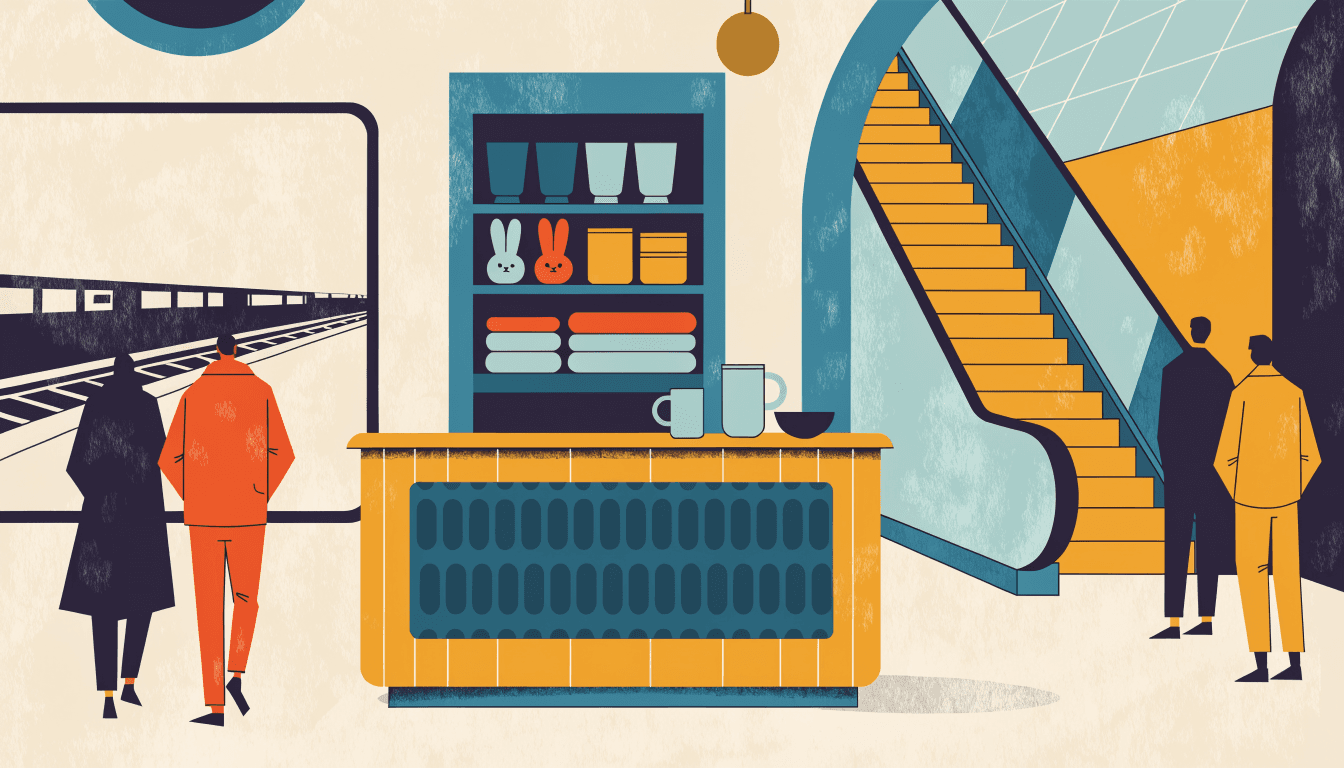 Illustration of a pastel pop-up shop counter with illustrated bunny-themed homeware in a station mall