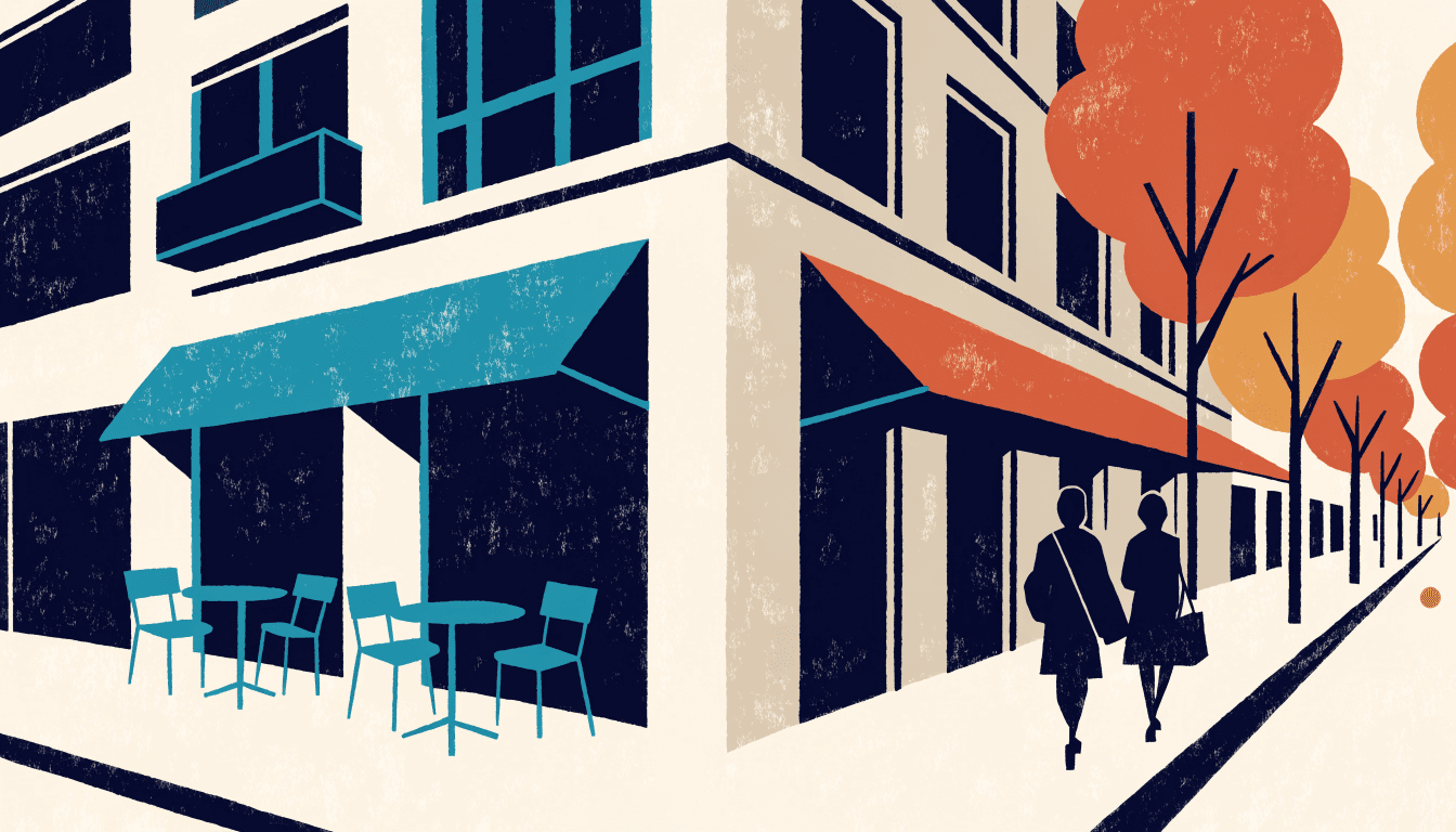 Illustration of a Ginza department-store annex corner with a café terrace and tree-lined boulevard