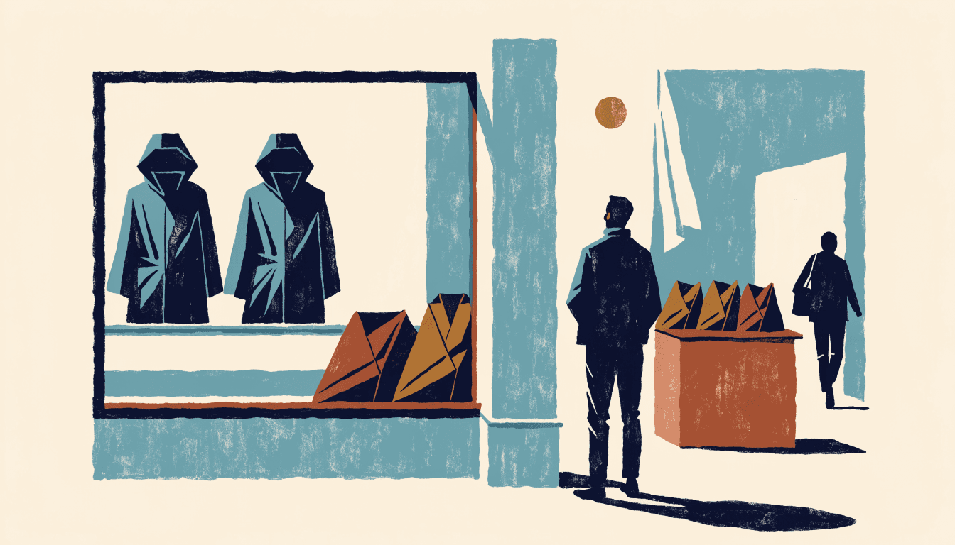 Illustration of a minimalist outdoor-apparel boutique interior with raincoats on display and origami-inspired folded garment shapes, soft natural daylight