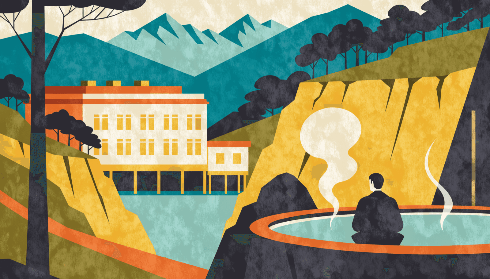 Illustration of a terraced onsen pavilion in the Hakone mountains, steam rising from a small open-air pool among pampas grass