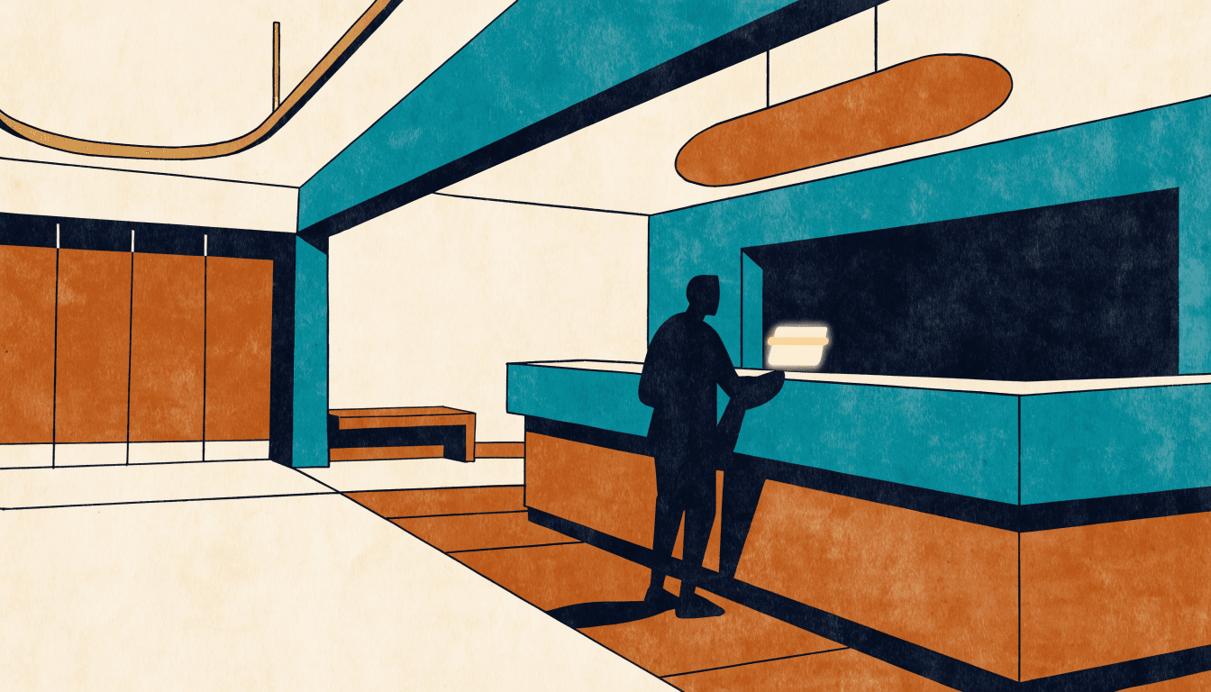 Editorial illustration of an elegant hotel lobby reception desk, a silhouette figure checking in beside a stylised, glowing card shape with no text or logo.