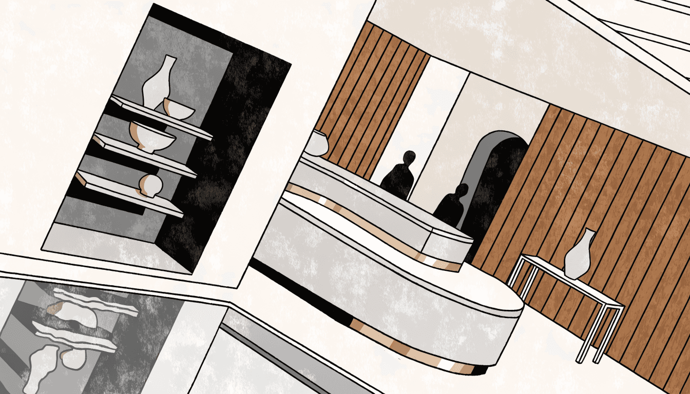 Editorial illustration — A minimalist Ginza boutique interior with warm oak panelling, stone shelving and soft champagne-gold fixtures, evoking a small Parisian-apartment-style fashion store.