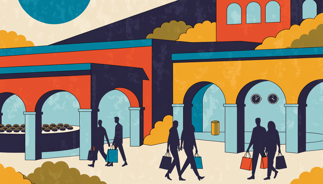 Illustration of shoppers with gift bags walking past arched colonnades at an outlet village, a tray of chocolates on one side and wall clocks on the other