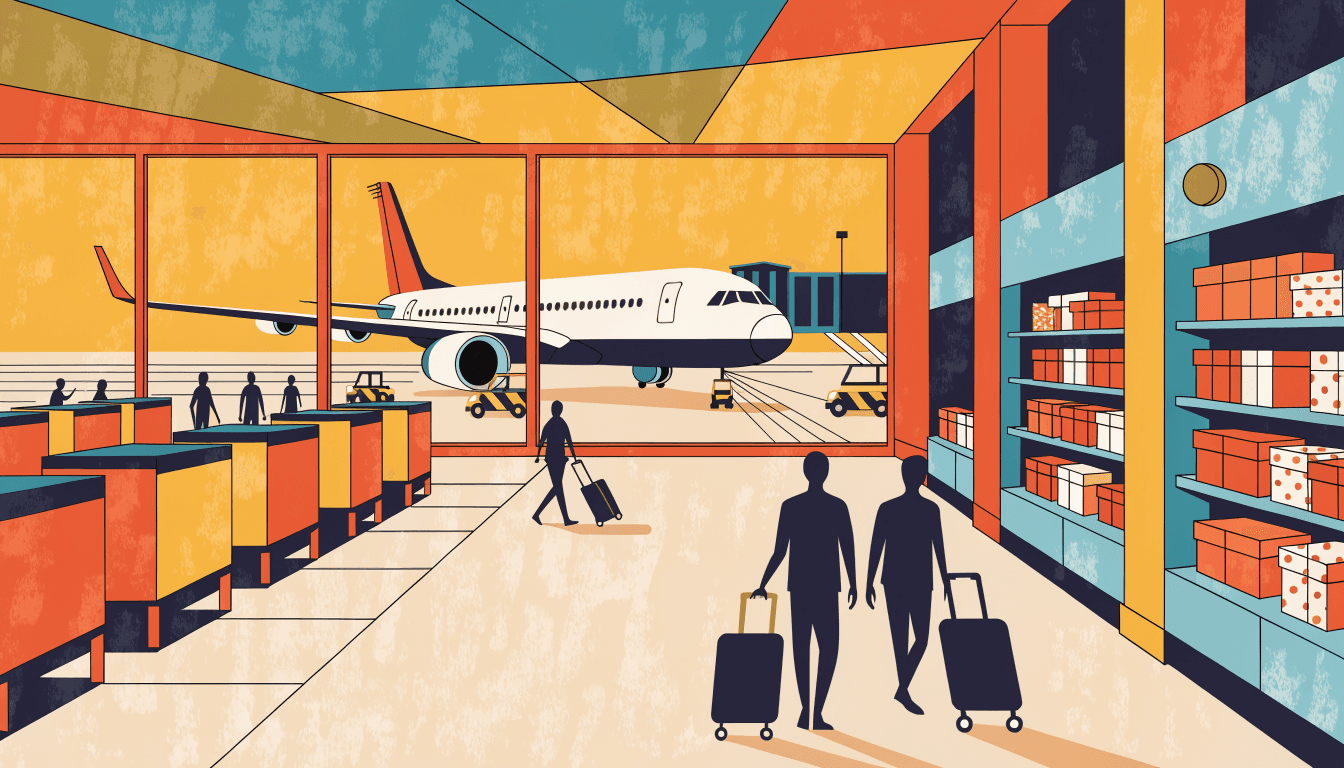 Editorial illustration of an airport departure hall: check-in counters, a duty-free shop with stacked gift boxes, travellers in silhouette with suitcases, and a passenger jet parked beyond a wide window.