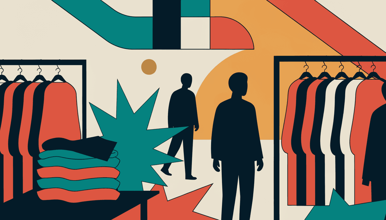 Editorial illustration of a discount pop-up shop set up inside a suburban Japanese shopping centre's event space, with racks of womenswear and a soft brass accent.