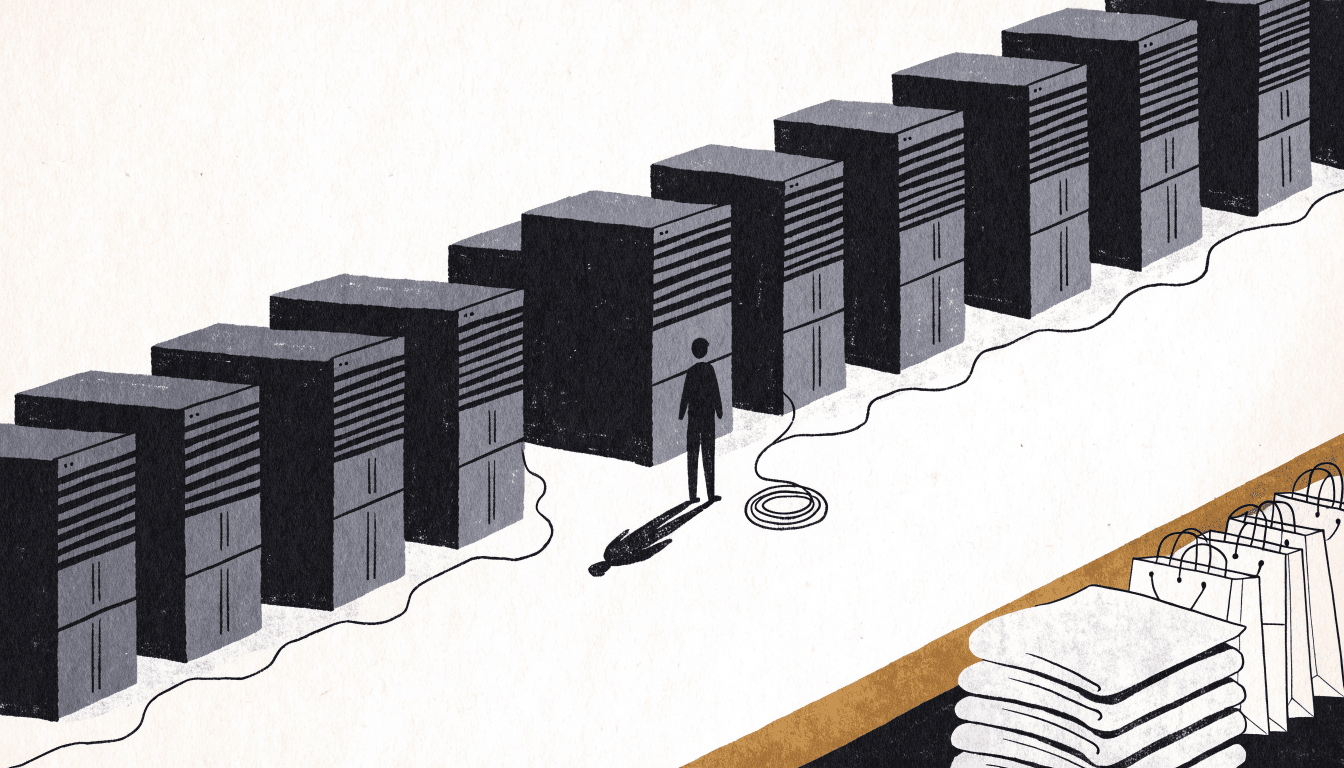 Illustration of a long aisle of dark server cabinets, one standing apart with its cable unplugged and coiled, a lone silhouette beside it, and folded knitwear and shopping bags on a table in the foreground